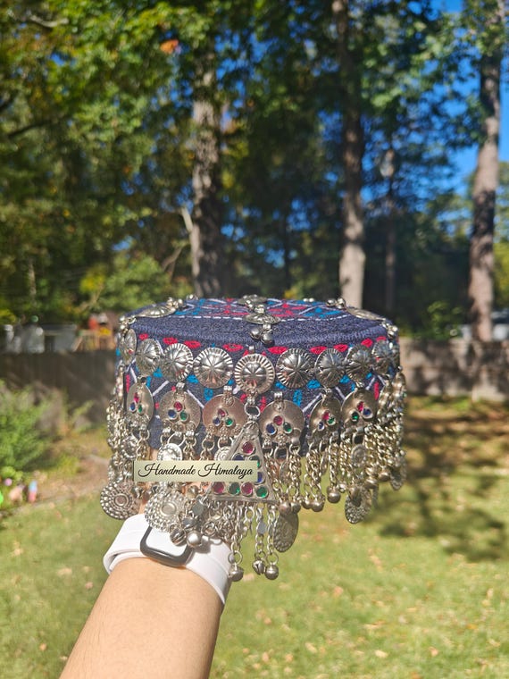 Embroidered Afghan Halima Sultan Cap: Vintage Tribal Belly Dance Blue Headpiece