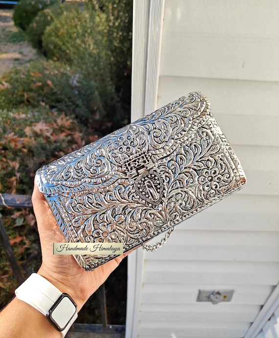 Silver Brass Clutch: Floral Engraved Indian Wedding Metal Bag Purse Crossbody