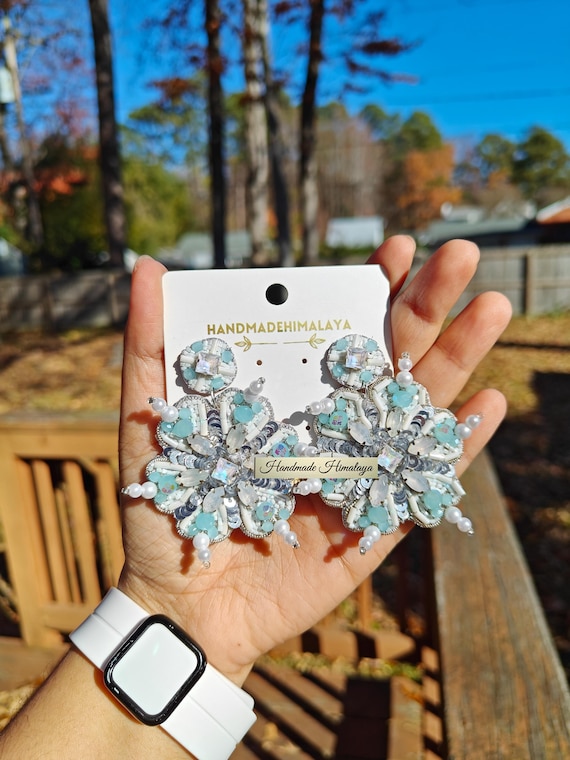 Snowflake Beaded Earrings, Winter Crystal Statement Dangles, Icy White Blue Holiday Jewelry, Handmade Beadwork Earrings for Christmas