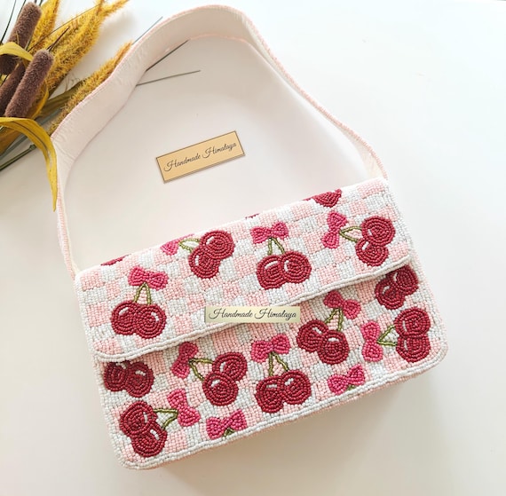 Handmade Cherry Beaded Bag | Blush Pink Gingham Checkered Purse | Summer Wedding Vacation Fruit Clutch