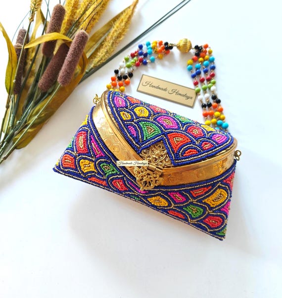 Beaded Brass Clutch Bag | Rainbow Mosaic Mini Box Purse, Indian Wedding Guest Bag