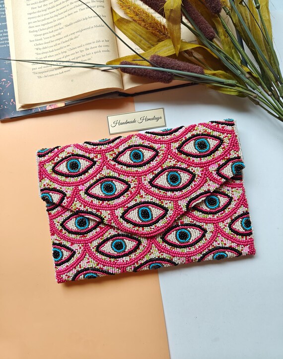 Pink Beaded Clutch, Evil Eye Beaded Purse, Crossbody Bag, Party Purse, Evening Clutch, Summer Bag, Sling Bag, Beaded Bag, Prom Purse