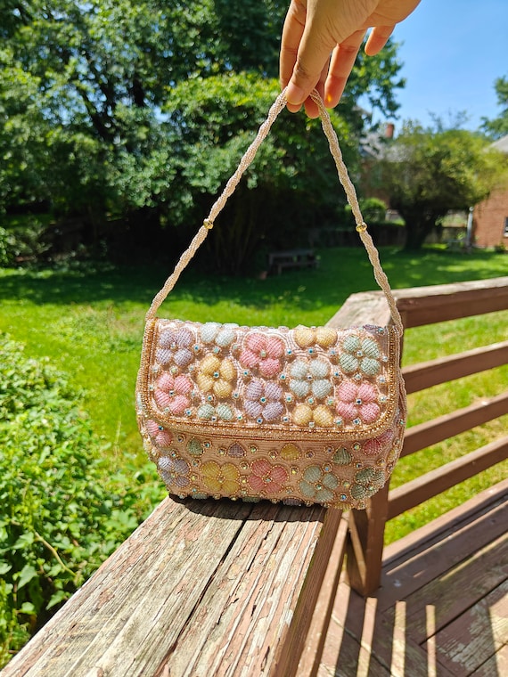 Rose Gold Pastel Floral Beaded Bag | Vintage Inspired Flower Evening Bag | Romantic Floral Crossbody Wedding & Gala Accessory