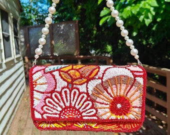 Red Beaded Bag, Floral Seed Beaded Handbag, Shoulder Beaded Purse, Party Clutch Purse, Gift for Her, Box Beaded Clutch, Evening Party Bag