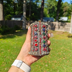 Vintage Afghan Cuff Bracelet Tribal Silver Glass Stones Boho Jewelry