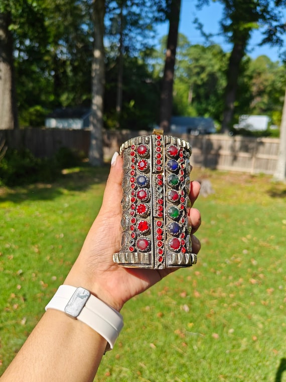 Vintage Afghan Cuff Bracelet: Tribal Silver, Glass Stones, Boho Jewelry