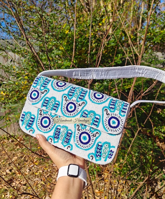 Hamsa Hand Beaded Bag, Evil Eye Seed Bead Shoulder Purse, Blue Boho Handbag, Wedding Bridal Protective Symbol Bag
