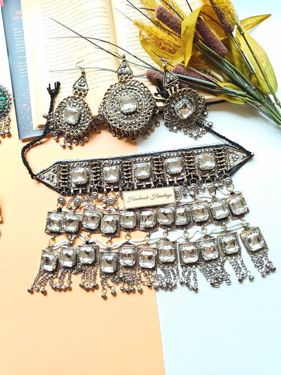 Vintage Afghan Silver Set, Diamond Stone Work Tribal Kuchi Wedding Jewelry Festival Bellydance Accessories