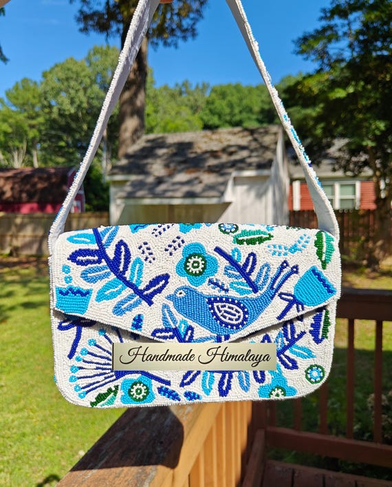 Blue Bird Beaded Bag, Shoulder Purse, Party Evening Handbag, Beaded Bag with Handle, Wedding Bag, Artisan Handmade Bag, Bridal Gift