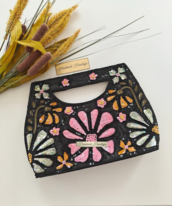 Black Sequin Floral Clutch | Hand Beaded Gala Evening Bag | Pink Orange Wedding Guest Purse