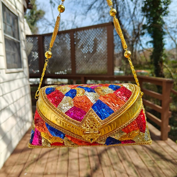 Beaded Clutch Purse, Embroidered Clutch, Brass Bag Golden, Indian Metal Purse, Evening Party Bag, Colorful Beaded Purse, Metal Clutch Boho