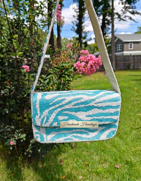 Blue Beaded Bag, Ocean Wave Beaded Shoulder Bag, Sky Blue Bag, Beaded Purse, Beaded Handbag, Party Bag, Bridal Evening Bag, Wedding Bag Blue