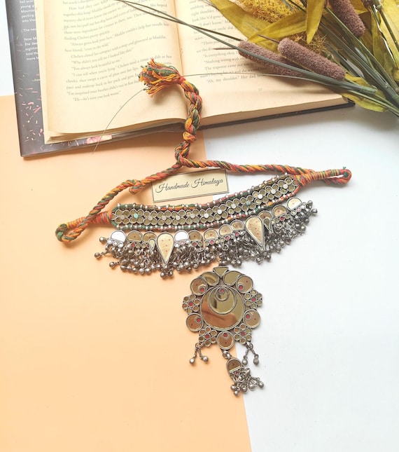 Vintage Afghan Tribal Kuchi Glass Choker | Indian Glass and Silver Inlay Jewelry | Nomadic Statement Piece Braided Tassel