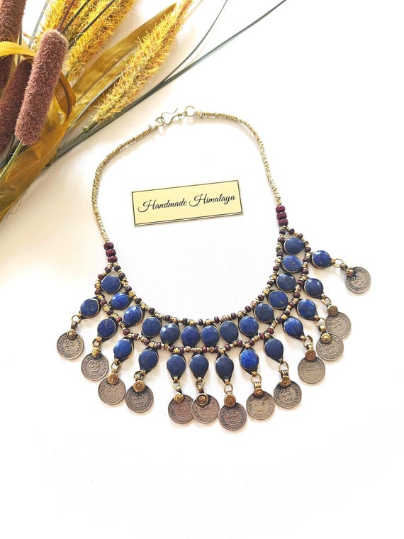 Vintage Afghan Lapis Coin Necklace, Tribal Statement Choker, Boho Artisan Jewelry