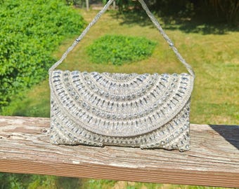 Beaded Silver Clutch: Rhinestone Embelished Crossbody Evening Bag