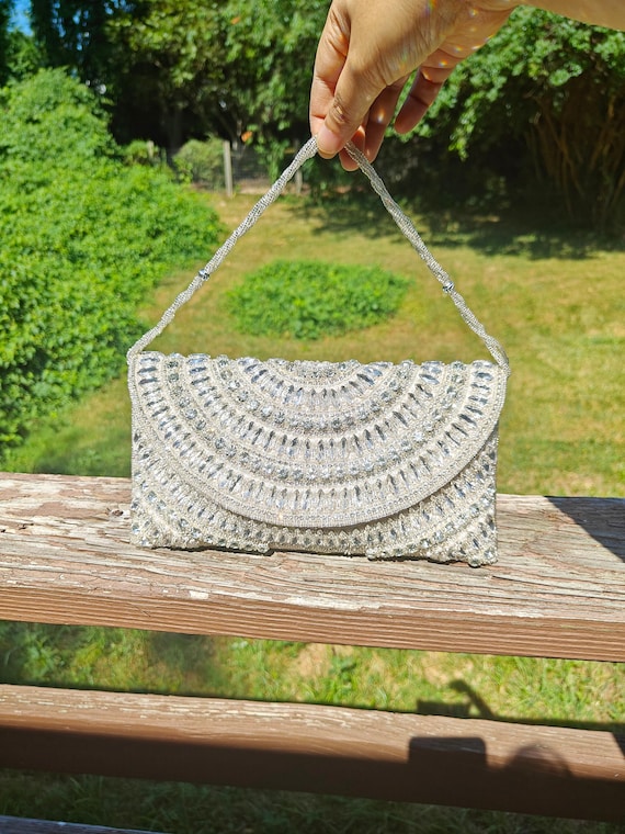Beaded Silver Clutch: Rhinestone Embelished Crossbody Evening Bag