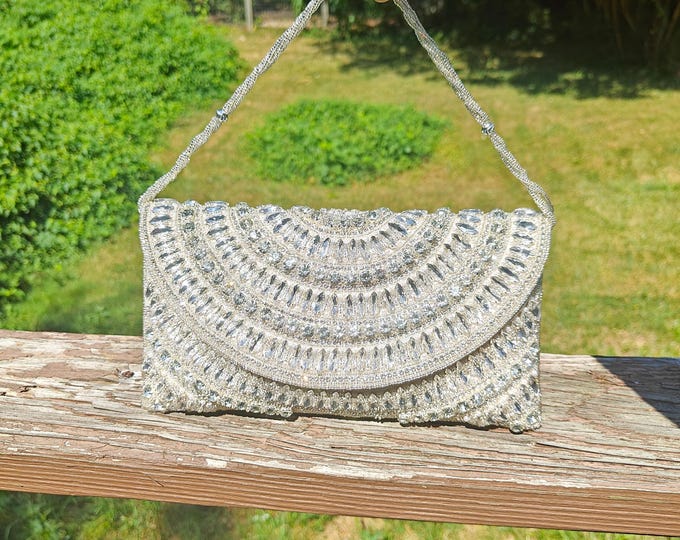 Beaded Silver Clutch: Rhinestone Embelished Crossbody Evening Bag