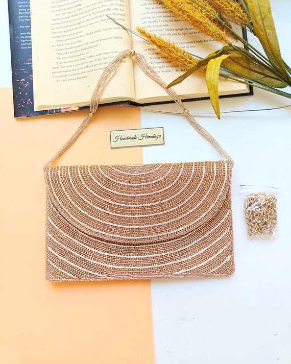 Rose Gold Beaded Clutch Beaded Purse Party Evening Bag Crossbody Shoulder Handbag Envelope Wristlet Gift for Her Luxury Statement
