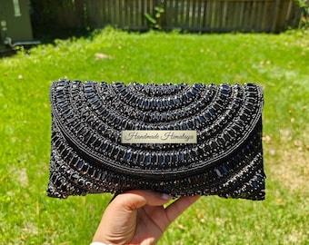 Black Beaded Evening Clutch | Formal Cocktail Purse