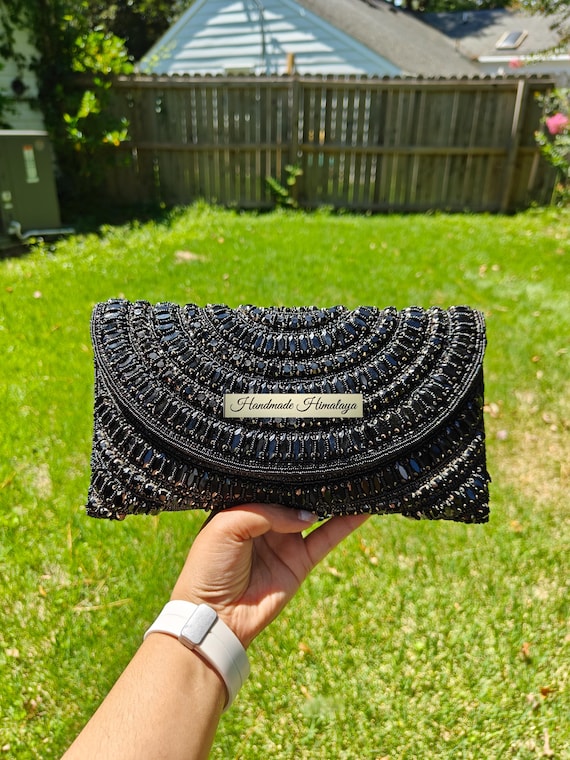 Black Beaded Clutch, Black Purse, Party Evening Clutch, Black Clutch Bag, Crossbody Bag, Embellished Purse, Formal Beaded Bag, Wedding Gift