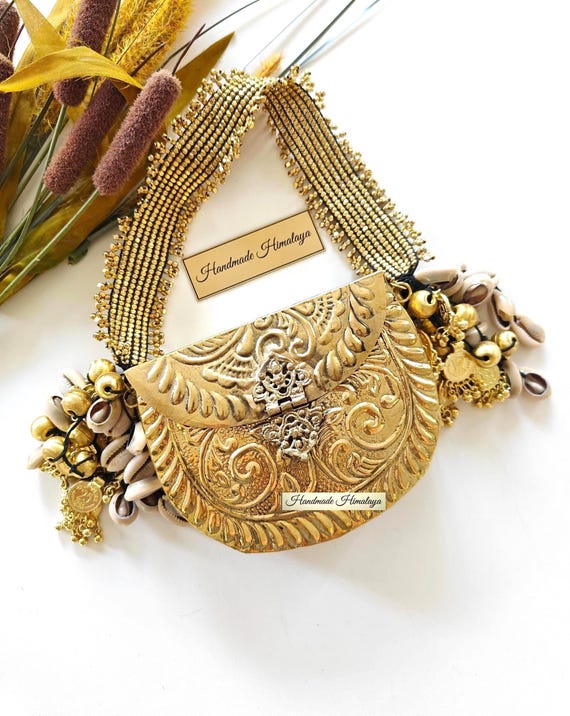 Vintage Gold Brass Purse Engraved Metal Clutch Bag Boho Afghan Kuchi Style Evening Handbag