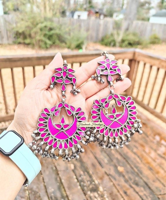Pink Glass Silver Earrings | Vintage Afghan Tribal Chandbali Style Dangles |  Eid Jewelry Statement