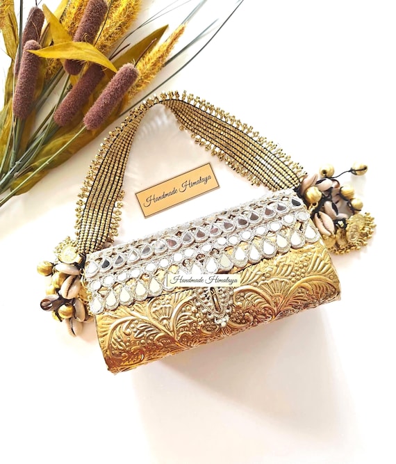 Gold Brass Clutch | Bridal  Wedding Mirror Work Metal Bag