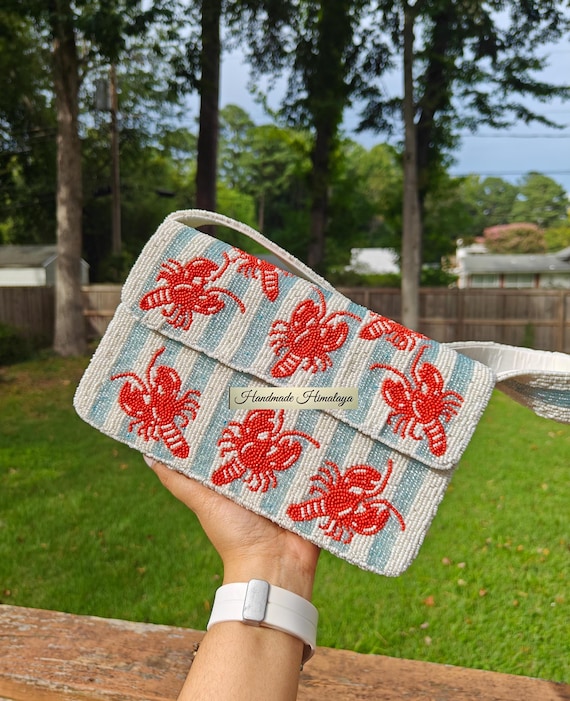 Lobster Beaded Bag, Beaded Shoulder Bag, Coastal Purse, Beaded Clutch, Beaded Purse, Gift for Her, Red Blue Purse, Wedding Bag, Trendy Bags