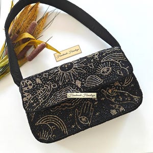 Black Beaded Cosmic Sun Eye Shoulder Bag | Mystical Astrology Handcrafted Purse