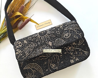 Black Beaded Cosmic Sun Eye Shoulder Bag | Mystical Astrology Handcrafted Purse