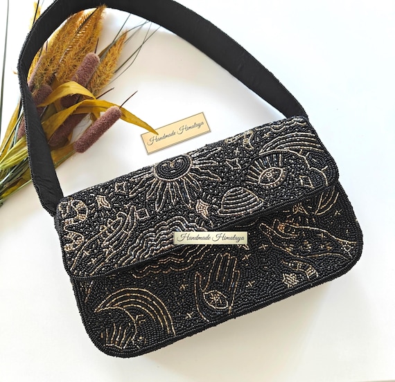 Cosmic Celestial Beaded Bag | Sun Eye Mystical Black Shoulder Purse | Astrology Handcrafted Wedding Handbag