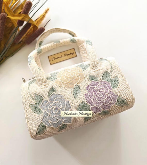 Pastel Floral Bride Bag | Beaded Ivory Wedding Top Handle Purse