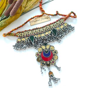 Vintage Afghan Tribal Kuchi Glass Choker | Red Indian Glass and Silver Inlay Jewelry | Nomadic Statement Piece Braided Tassel