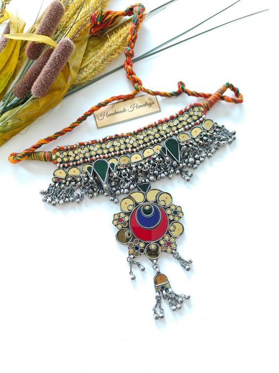 Vintage Afghan Tribal Kuchi Glass Choker | Red Indian Glass and Silver Inlay Jewelry | Nomadic Statement Piece Braided Tassel