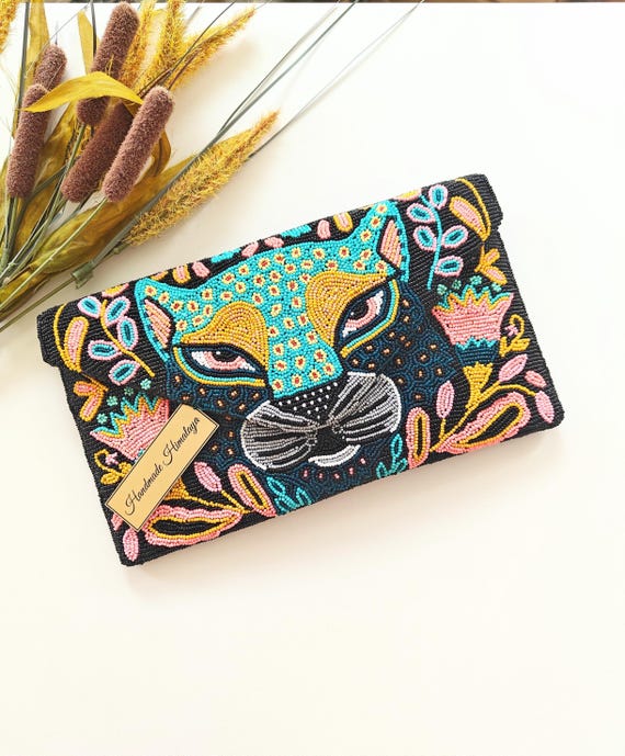 Handmade Panther Beaded Clutch Bag | Colorful Animal Statement Purse, Boho Evening Bag
