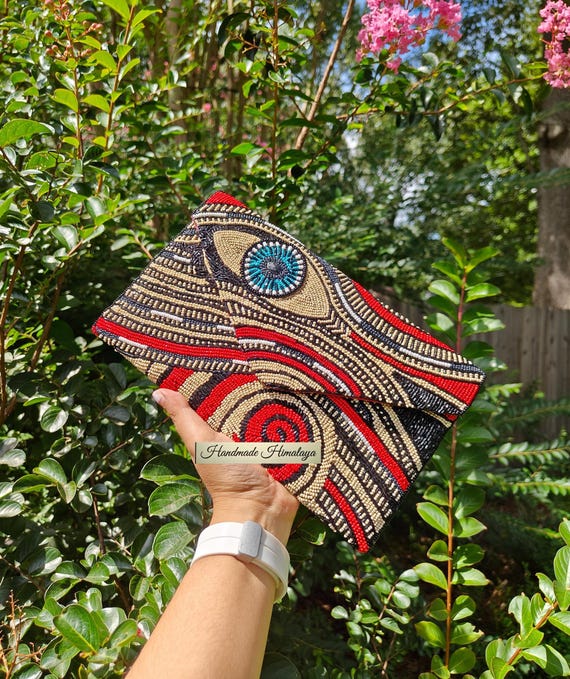 Evil Eye Beaded Clutch Crossbody Envelope Purse With Red Black Beige Abstract Pattern Bag