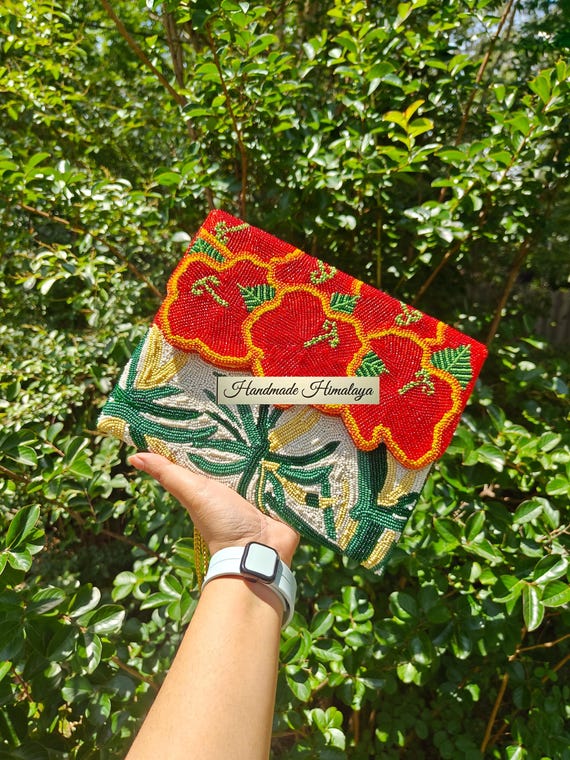 Red Hibiscus Beaded Clutch Purse | Tropical Floral Evening Bag