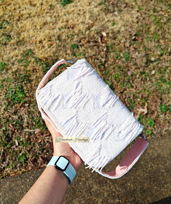 Blush Pink Beaded Clutch | Cream Iridescent Sequin Bridal Purse | Fringe Tassel Gala Evening Bag