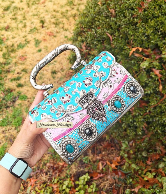 Silver Metal Clutch, Hand Engraved Colorful Enamel Handbag, Vintage Indian Bag, Wedding Evening Purse
