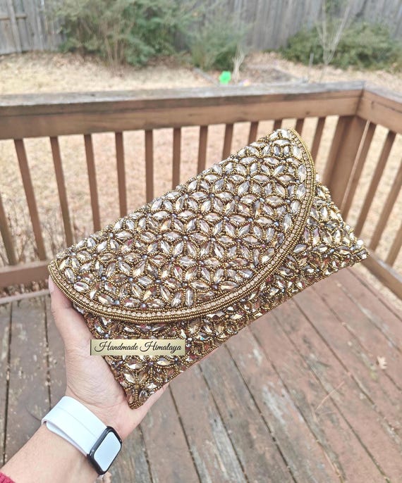 Gold Crystal Beaded Clutch, Bridal Handbag, Wedding Envelope Purse, Handmade Evening Bag