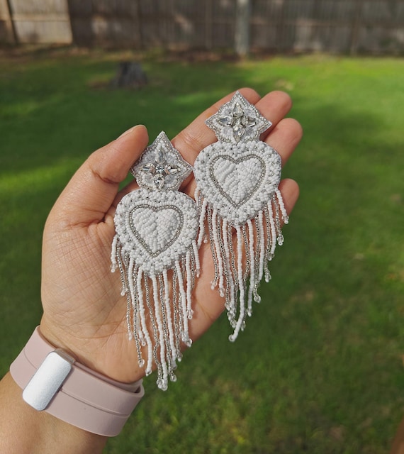 White Sacred Heart Earrings, Beaded Earrings, Bridal Heart Dangle Wedding Earring