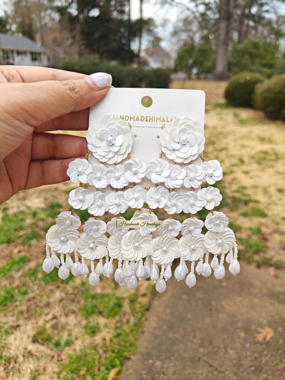 White Floral Statement Earrings, Bridal Wedding Earrings, 3D Flower Dangle Earrings, Pearl Drop Chandelier Earrings, Bridesmaid Jewelry