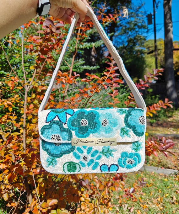 Floral Beaded Shoulder Bag, Aqua Teal Beaded Purse, Bridal Wedding Handbags