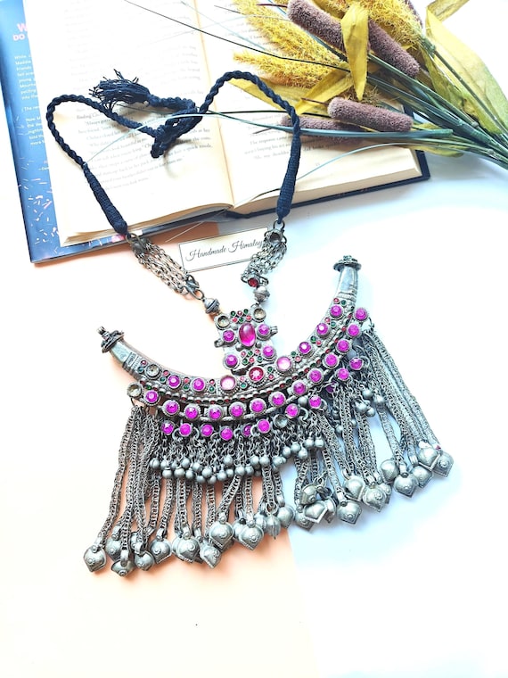 Vintage Afghan Huge Pendant Torc | Kuchi Necklace with Tribal Metal Bells Pink Stones