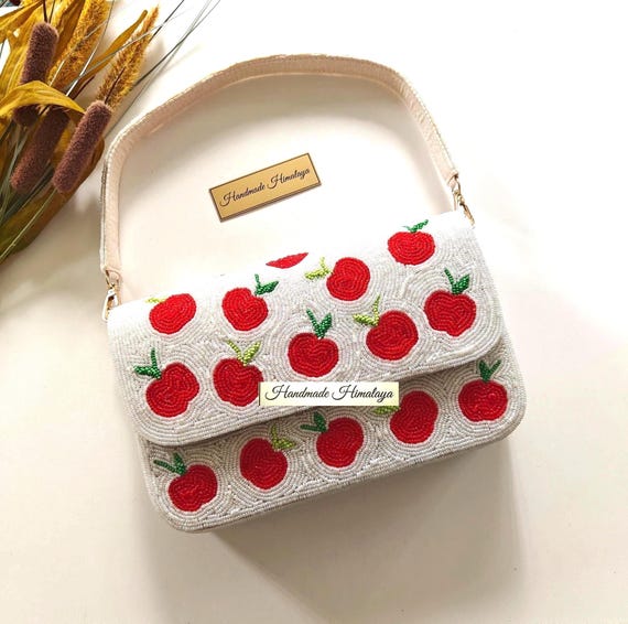 Apple Beaded Bag, Red Fruit Beaded Shoulder Purse