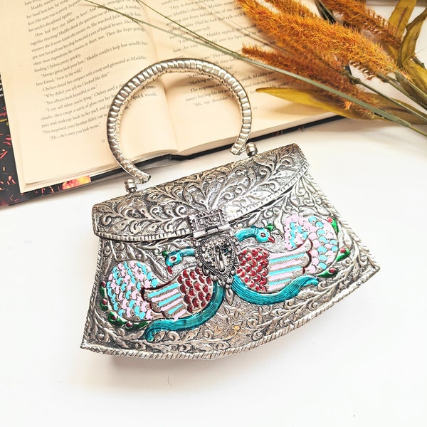 Brass Clutch Handbag, Metal Clutch Purse, Silver Color Handbag, Peacock Metal Bag, Antique Style Purse, Gift, TopHandle Purse, Ethnic Bag