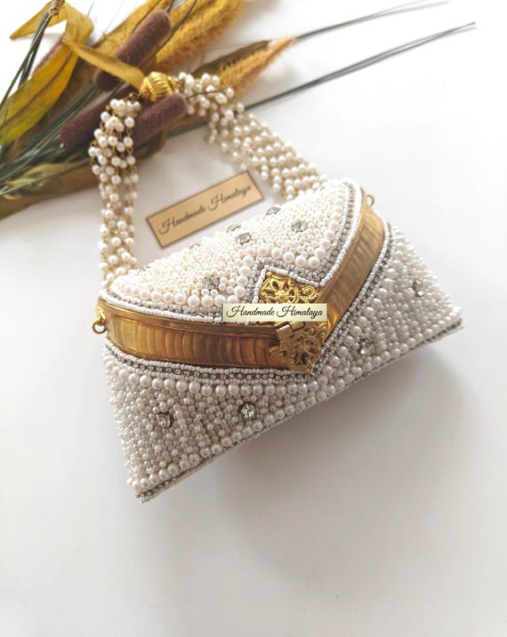 Pearl Rhinestones Beaded Brass Clutch Gold Metal Mini Wedding Bag Bride Handbag
