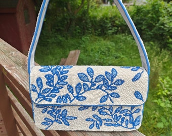 Blue Beaded Bag, Seed Beaded Floral Bag, Shoulder Beaded Bag, Summer Handbag, Gift for Her, Party Evening Bag, Beaded Clutch Purse, Blue Bag