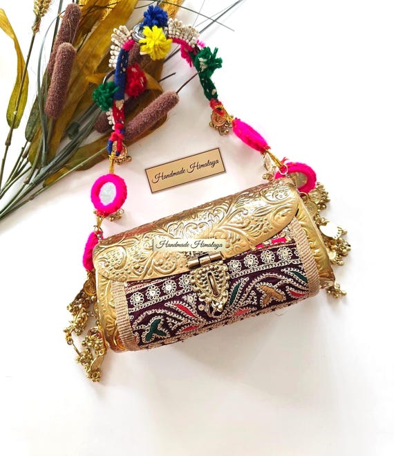 Vibrant Banjara Gold Brass Bag | Vintage Bohemian Metal Evening Clutch | Afghan Kuchi Gold Purse