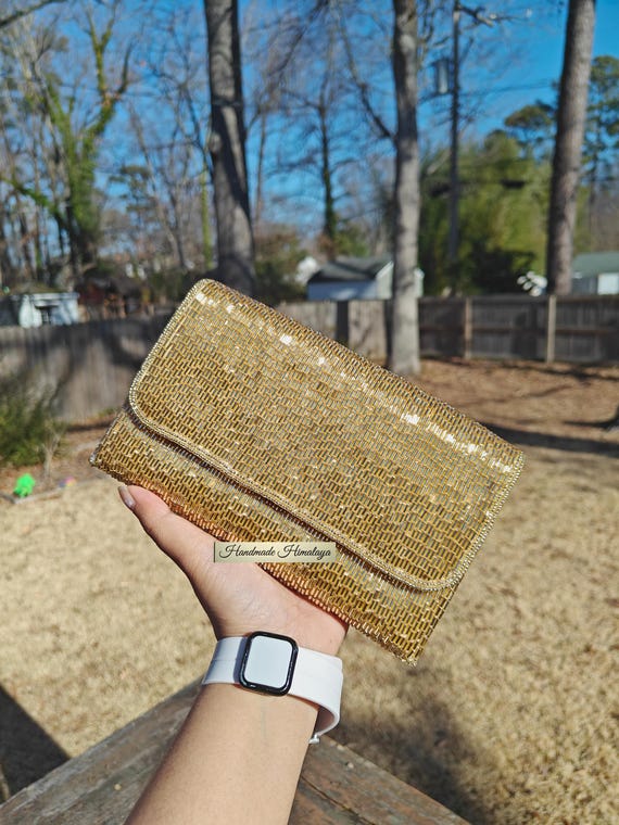 Gold Beaded Clutch Envelope, Golden Seed Bead Evening Bag For Brides, Wedding Guest Party Purse